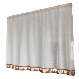 Semi-Sheer Cafe Curtain Tassels Short Kitchen Curtain Door Curtain Panel, White, 57x24 inch