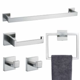 5 PC Bathroom Accessory Set in Brushed Nickel Towel Bar Toilet Paper Holder Hook Towel Ring