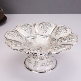 Gold Fruit Basket Flower Shape Festival Alloy Candy Food Nut Fruit High Storage Basket Wedding Home Desktop Tray Decoration (Plate Size: 7.08 inches, Color: Silver)