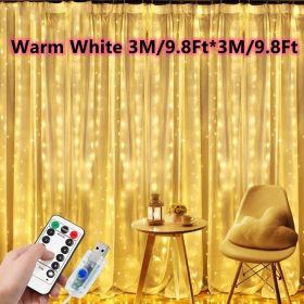 1pc; Window String Lights; Christmas Decoration 100/200/300 LED Remote Control USB Wedding Garland Curtain Lamp 3M/9.8Ft Fairy Lights (Color: Warm White, size: 9.84ftx9.84ft -300LED)