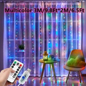 1pc; Window String Lights; Christmas Decoration 100/200/300 LED Remote Control USB Wedding Garland Curtain Lamp 3M/9.8Ft Fairy Lights (Color: Multicolor, size: 9.84ftx6.56ft -200LED)