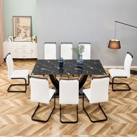 Table and chair set, modern dining table, patterned table top and black MDF table legs, soft and comfortable dining chair, perfect for dinner, meeting (Color: as Pic)