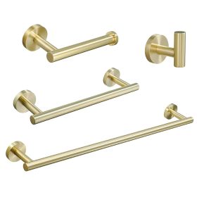 Wall Mounted Towel Rail, 4 Pieces Bathroom Accessories Set, Stainless Steel Toilet Roll Holder and Hooks (Color: Gold)